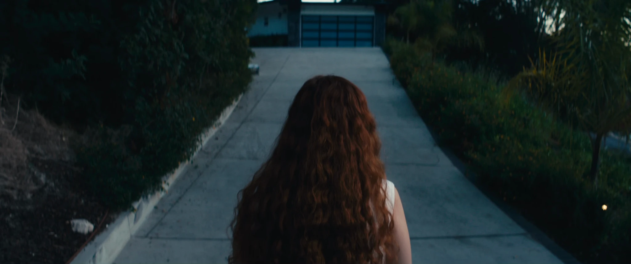 She walks away from us up the hedged path to the house